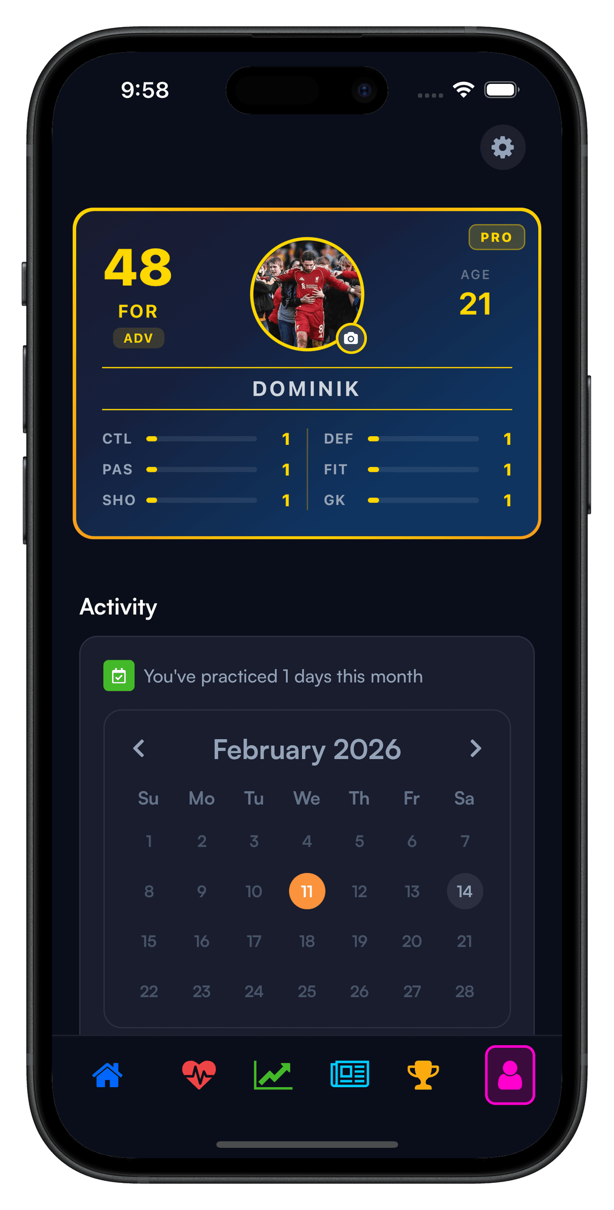 Player profile card showing level 48, position, and skill ratings