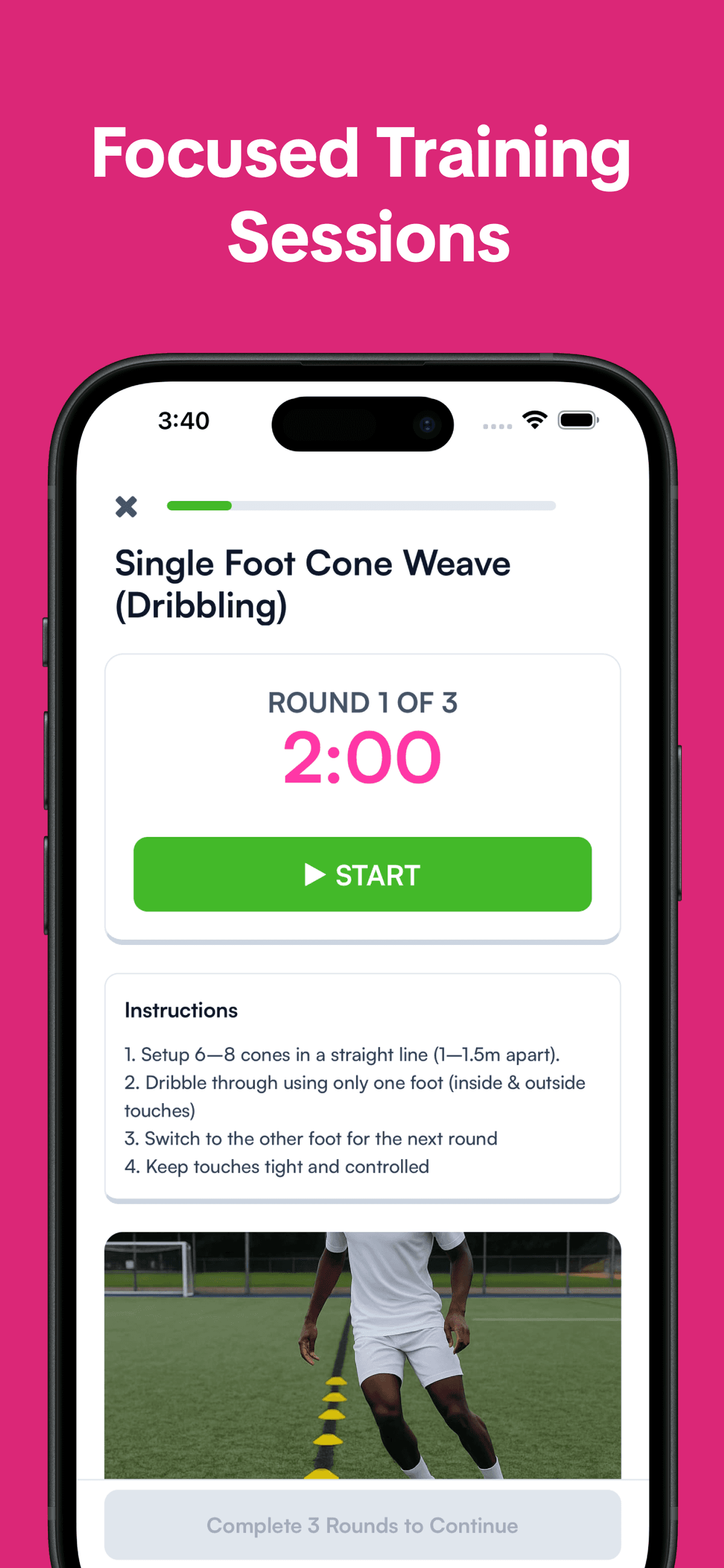 Footwork soccer training app dashboard showing daily footwork drills