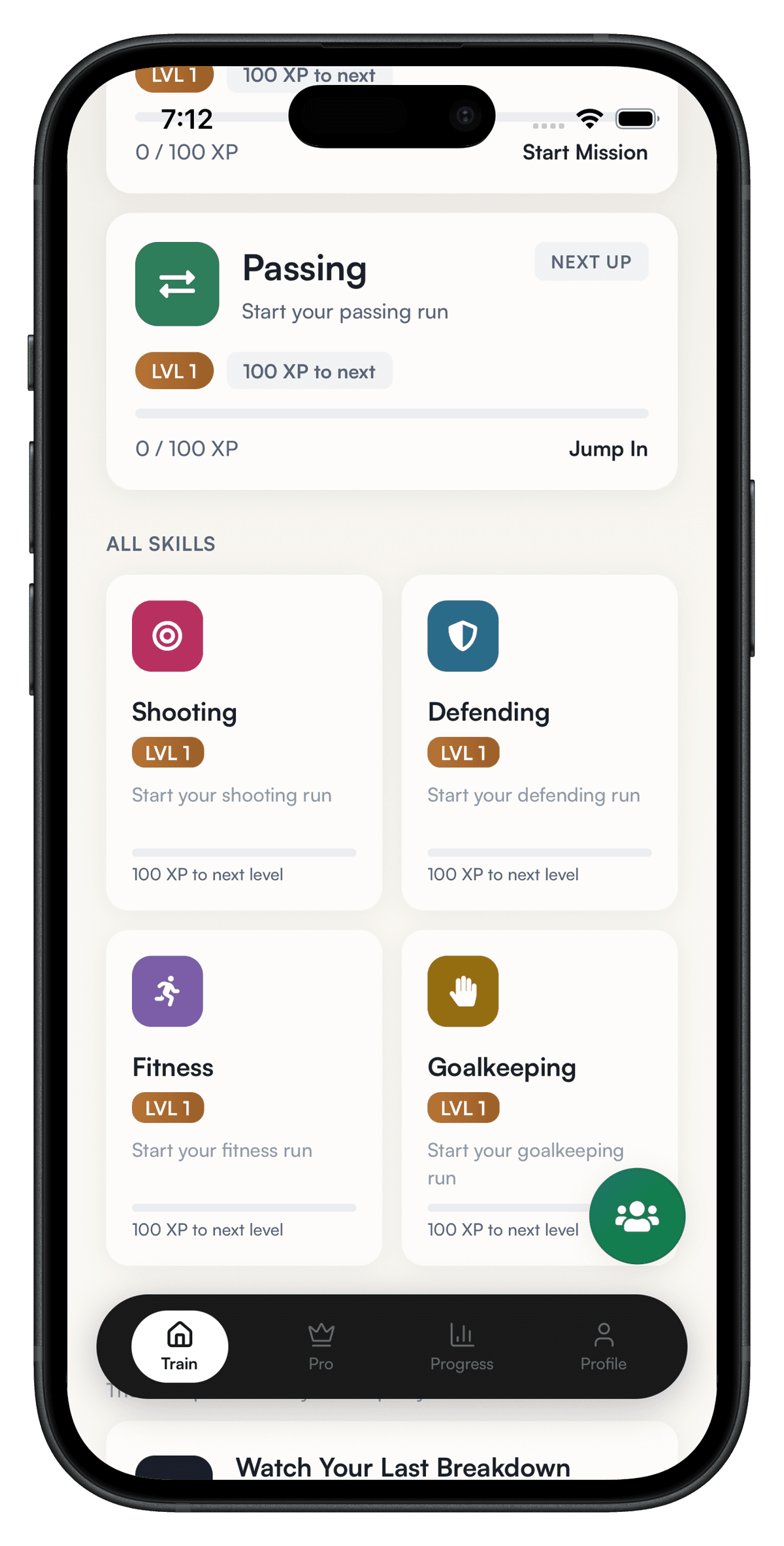 6-category skill grid with XP levels and progress tracking
