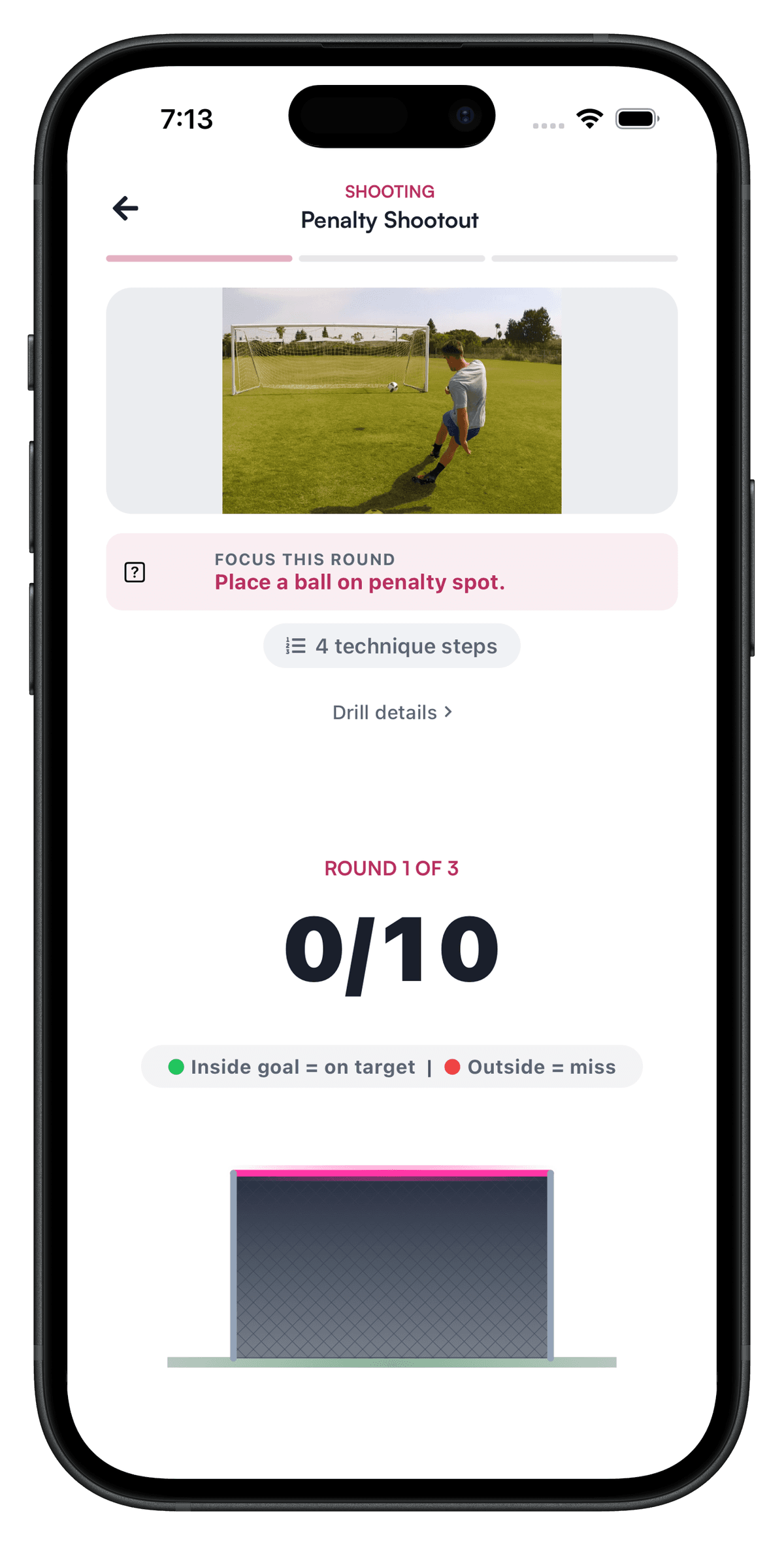 Active Penalty Shootout drill with goal targets and round tracking